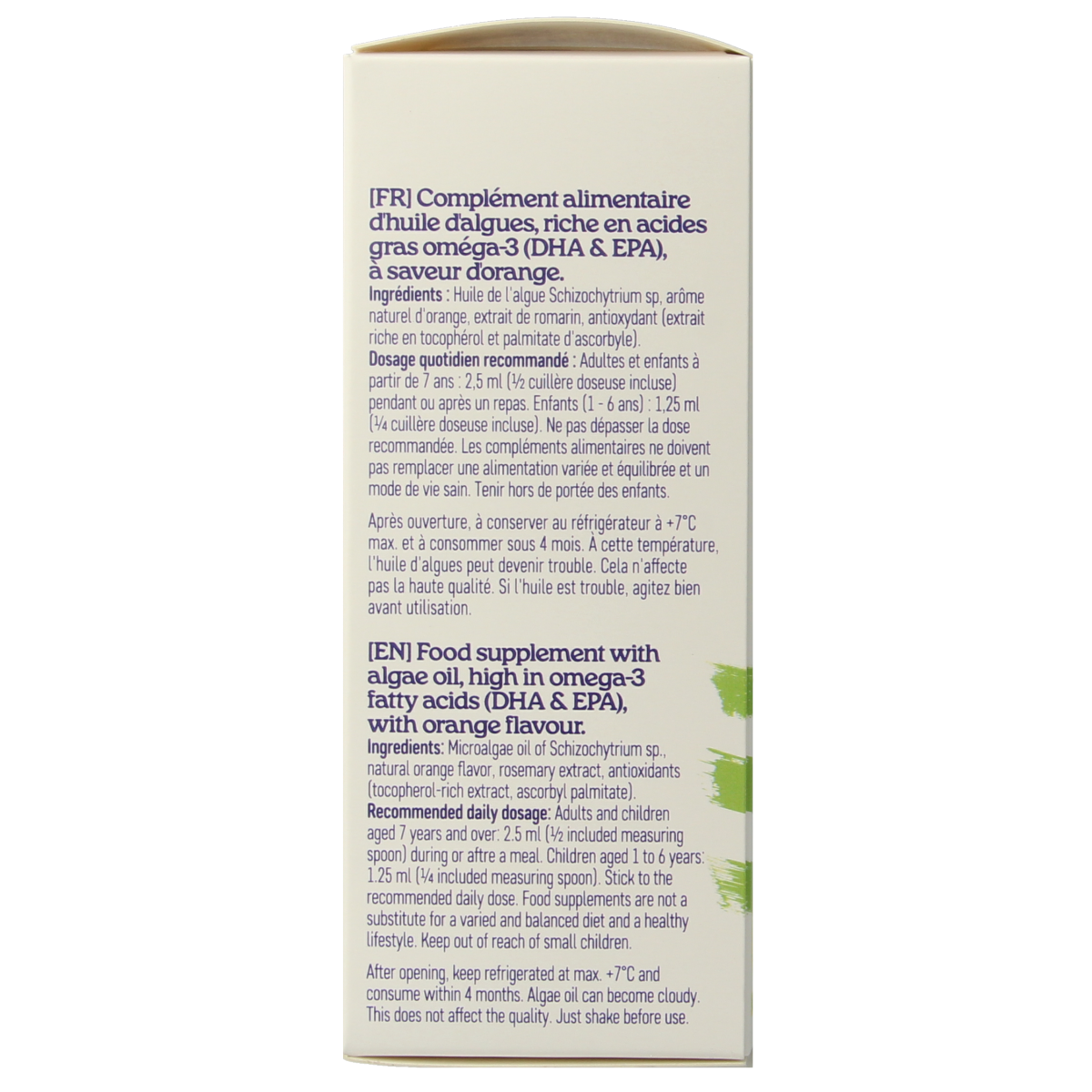 Bottle of Arctic Blue Algenolie DHA and EPA omega-3 fatty acids, 150ml, in a clear container with label showing product details.