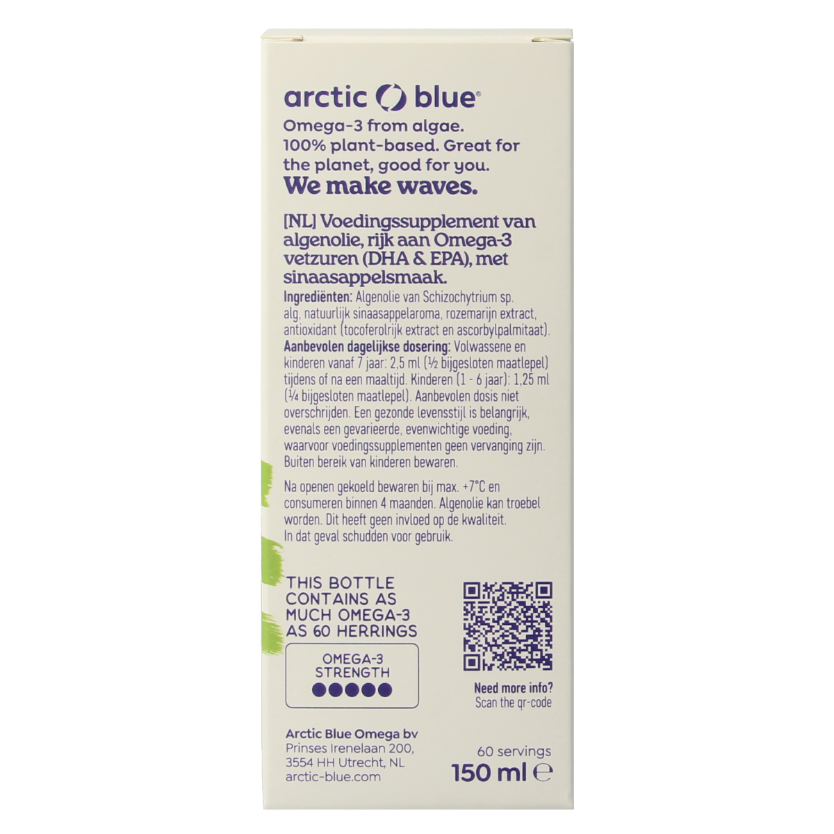 Arctic Blue Algenolie DHA en EPA vetzuren in 150ml bottle, natural algae oil supplement for brain and heart health.