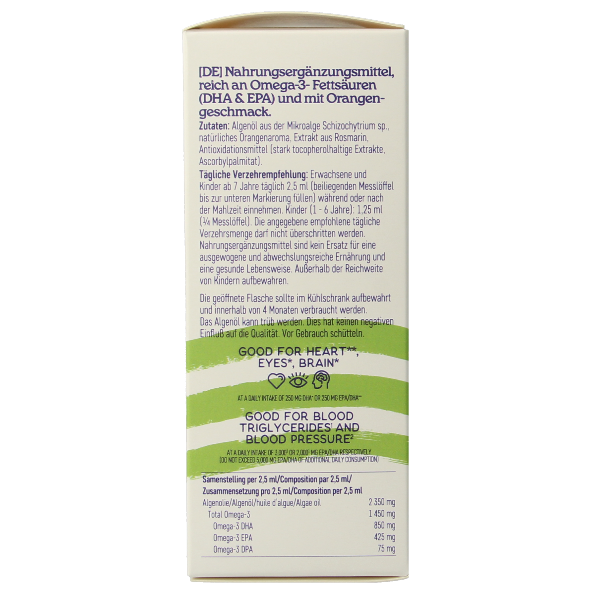 Arctic Blue Algenolie DHA en EPA vetzuren supplement in 150ml bottle, featuring natural blue algae oil with omega-3 fatty acids.