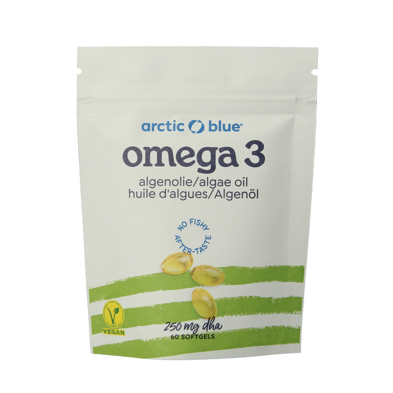 Arctic Blue Algenolie DHA softgels in a bottle, showing the blue label and 60 softgel capsules for omega-3 supplement.