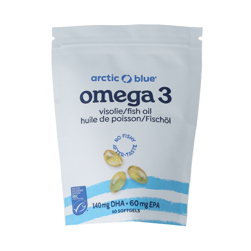 Arctic Blue Pure Arctische Visolie MSC 60 softgels, omega-3 fatty acids supplement in transparent softgel capsules.