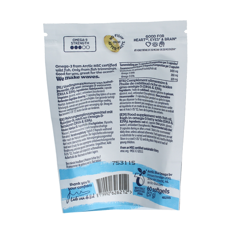 Arctic Blue Pure Arctic Blue MSC 60 softgels, omega-3 fatty acids supplement in clear softgel capsules with blue label