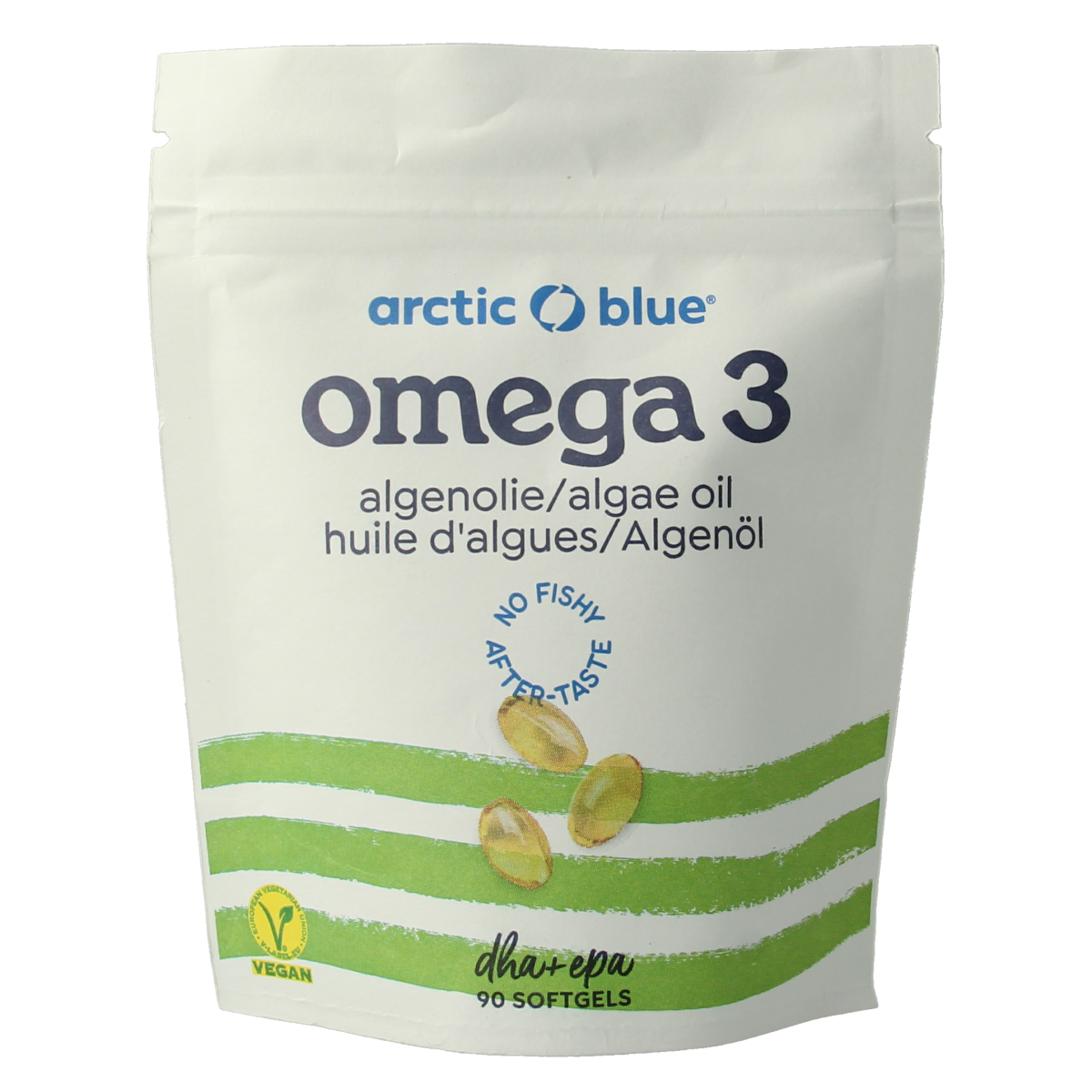 Arctic Blue Vetzuren Algenolie DHA en EPA softgels, 90 softgels, blue bottle, dietary supplement with algae-based omega-3s