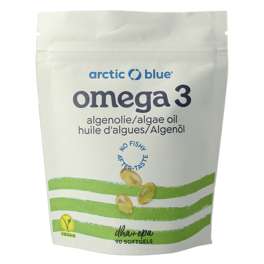 Arctic Blue Vetzuren Algenolie DHA en EPA softgels, 90 softgels, blue bottle, dietary supplement with algae-based omega-3s