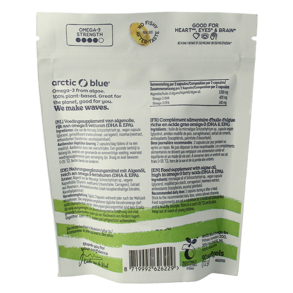 Arctic Blue Algenolie DHA en EPA softgels in a bottle, packaged as dietary omega-3 fatty acids supplement.