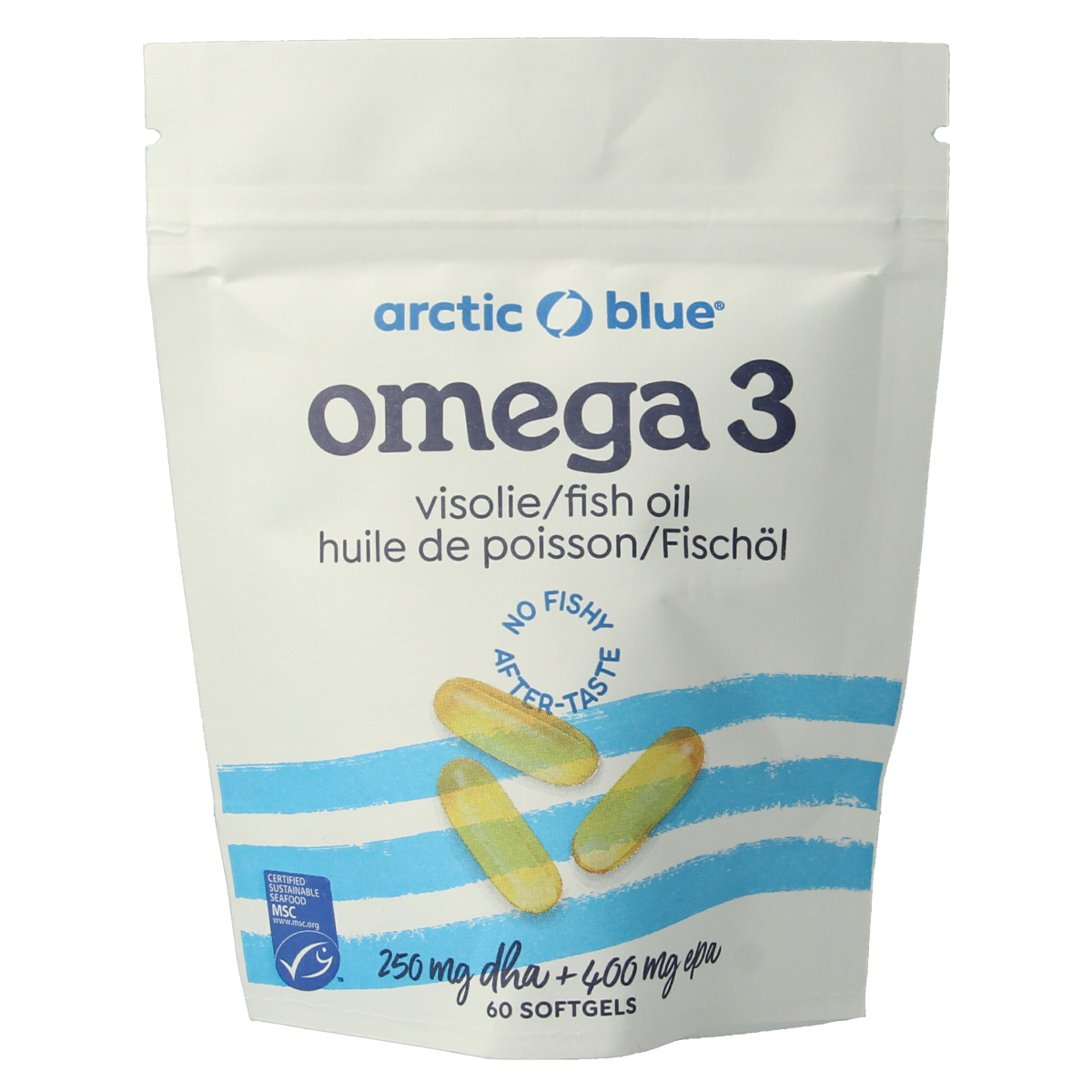 Arctic Blue Pure Alaska MSC fish oil softgels in a bottle, featuring blue and white packaging with softgel capsules visible.