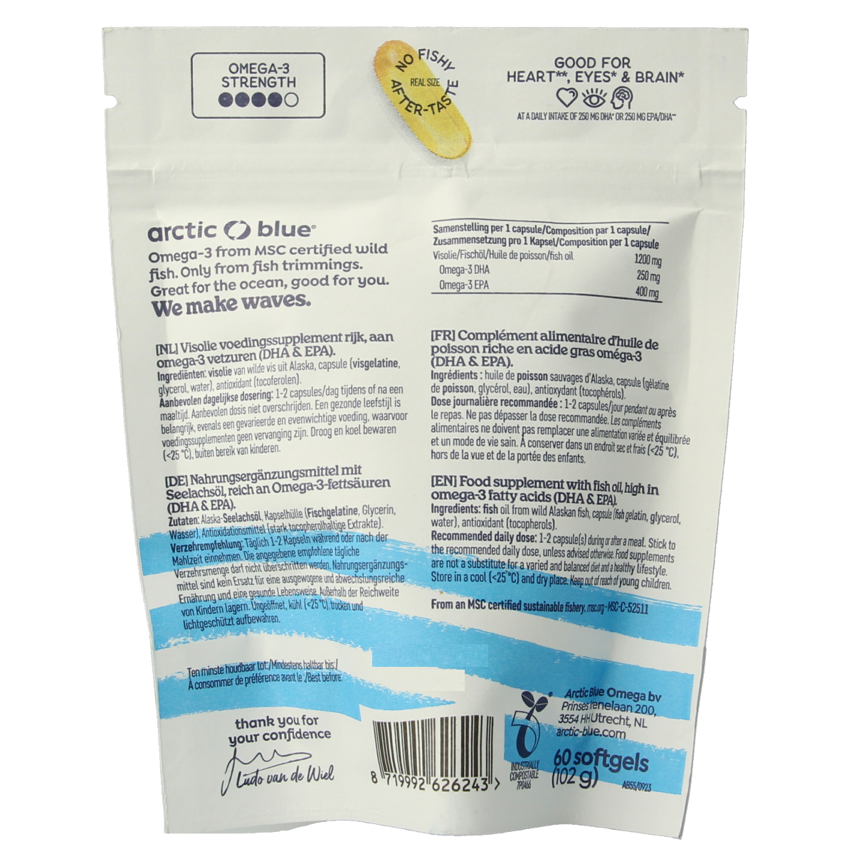 Arctic Blue Pure Alaska MSC softgels, blue capsules containing omega-3 fatty acids, arranged in a row on a white background.