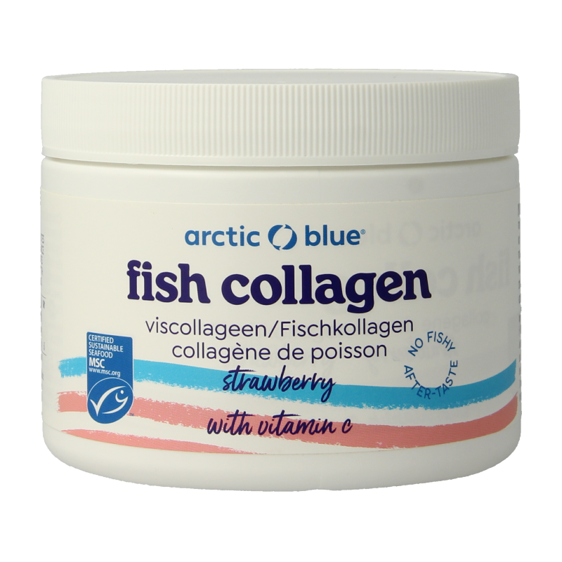 Arctic Blue Viscollageen MSC aardbei vetzuren poeder in 150g container, featuring blue and pink packaging with strawberry flavor.