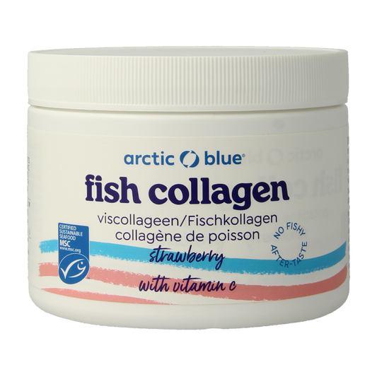 Arctic Blue Viscollageen MSC aardbei vetzuren poeder in 150g container, featuring blue and pink packaging with strawberry flavor.