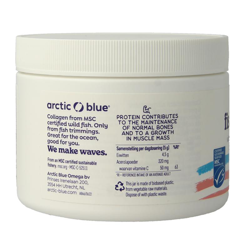 Arctic Blue Arctic Blue Viscollageen Powder MSC aardbei in 150g container, a dietary supplement with vibrant pink strawberry flavor.