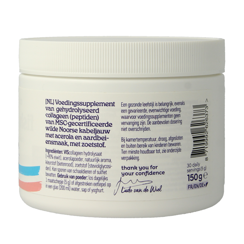 Arctic Blue Viscollageen poeder MSC aardbei in 150g verpakking, highlight of the blue and pink packaging with scoop and powder