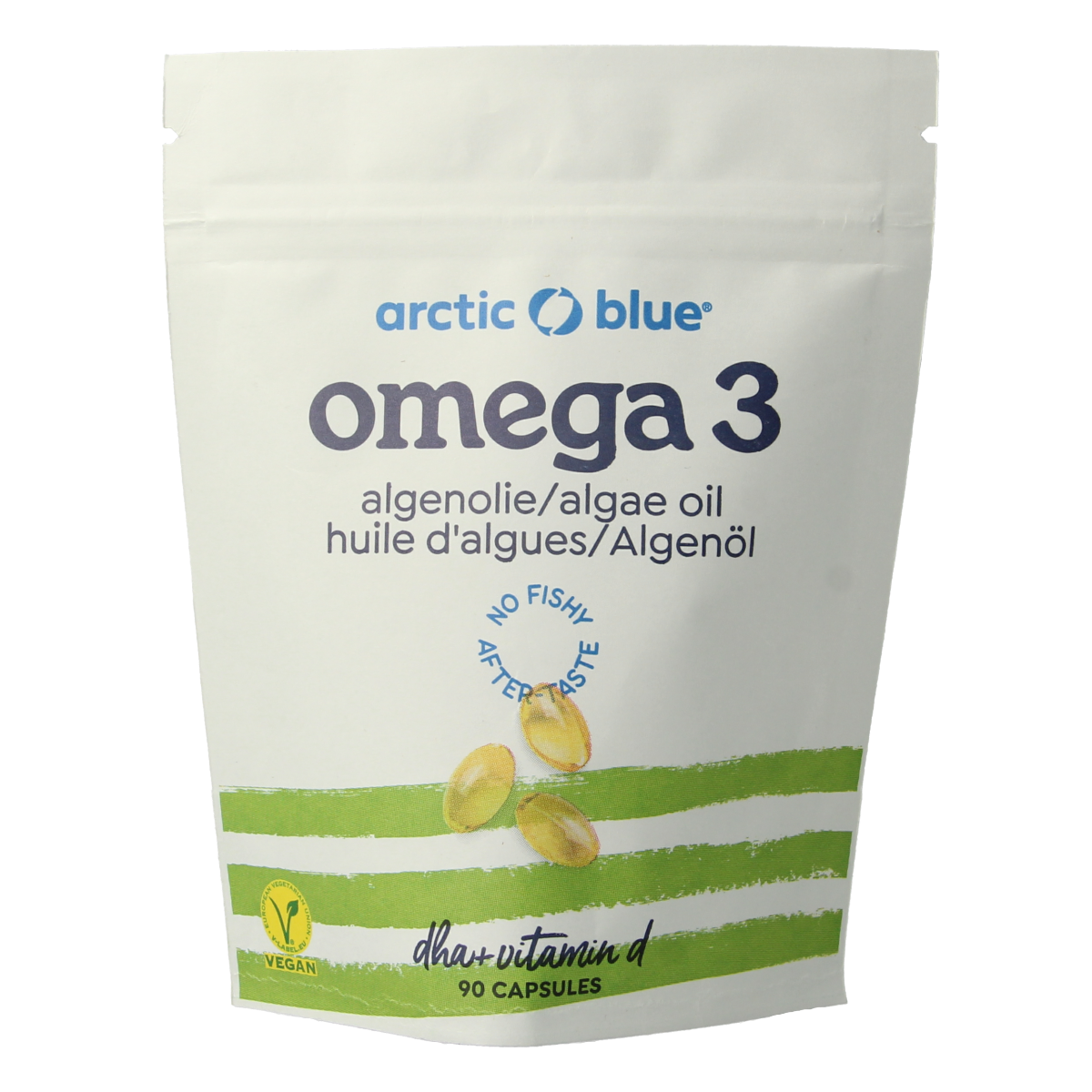 Arctic Blue Algenolie DHA softgels with vitamin D, 90 softgels, featuring blue packaging and gel capsules for omega-3 and vitamin D intake.