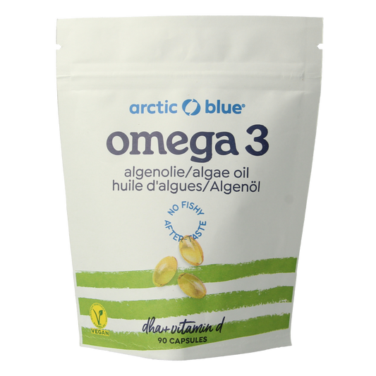 Arctic Blue Algenolie DHA softgels with vitamin D, 90 softgels, featuring blue packaging and gel capsules for omega-3 and vitamin D intake.