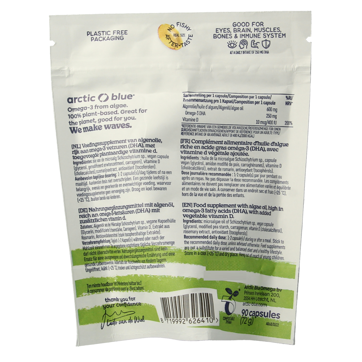 Arctic Blue Algenolie DHA softgels with vitamin D, vegan omega-3 supplement in a clear bottle showing softgel capsules