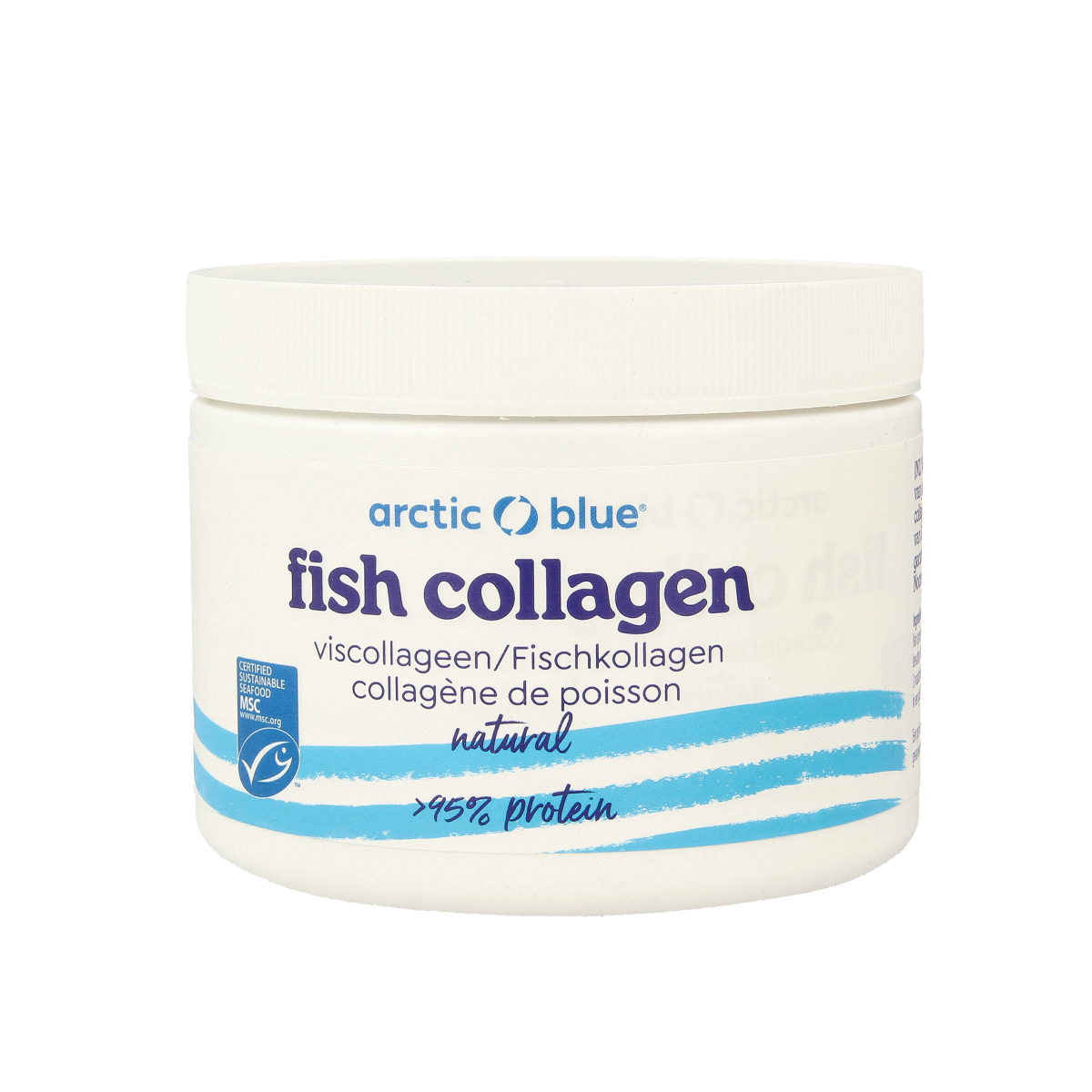 Arctic Blue Viscollageen poeder MSC natuurlijk vetzuren, 150g, close-up of the blue container with scoop and product label.