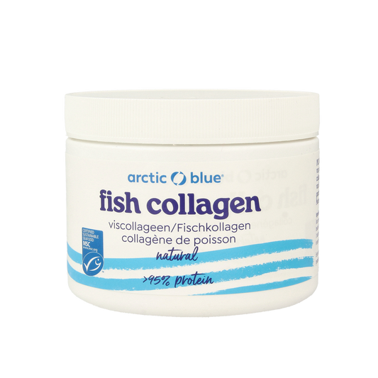 Arctic Blue Viscollageen poeder MSC natuurlijk vetzuren, 150g, close-up of the blue container with scoop and product label.