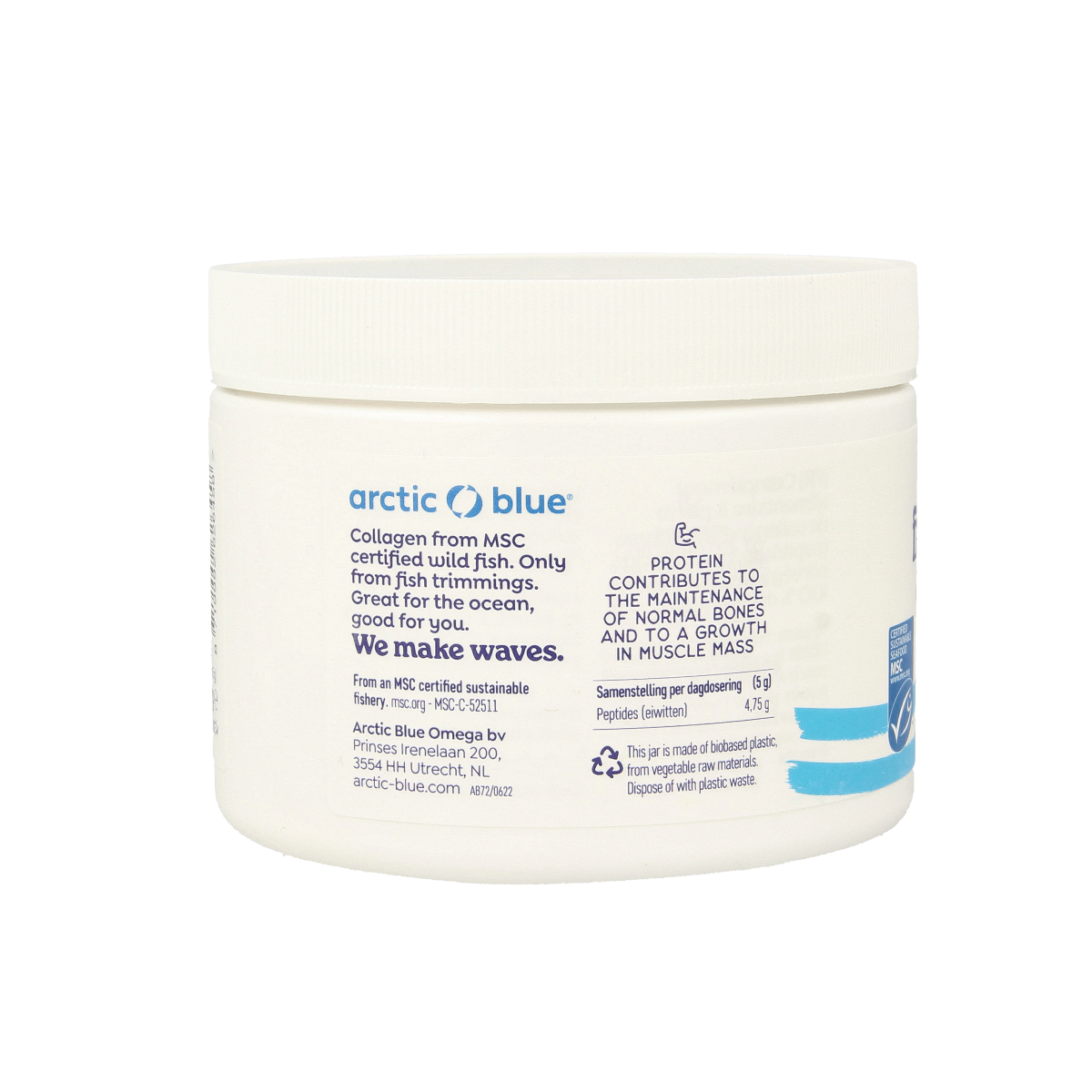 Arctic Blue Viscollageen Vetzuren powder in 150g container, natural MSC collagen supplement with blue packaging and product label.
