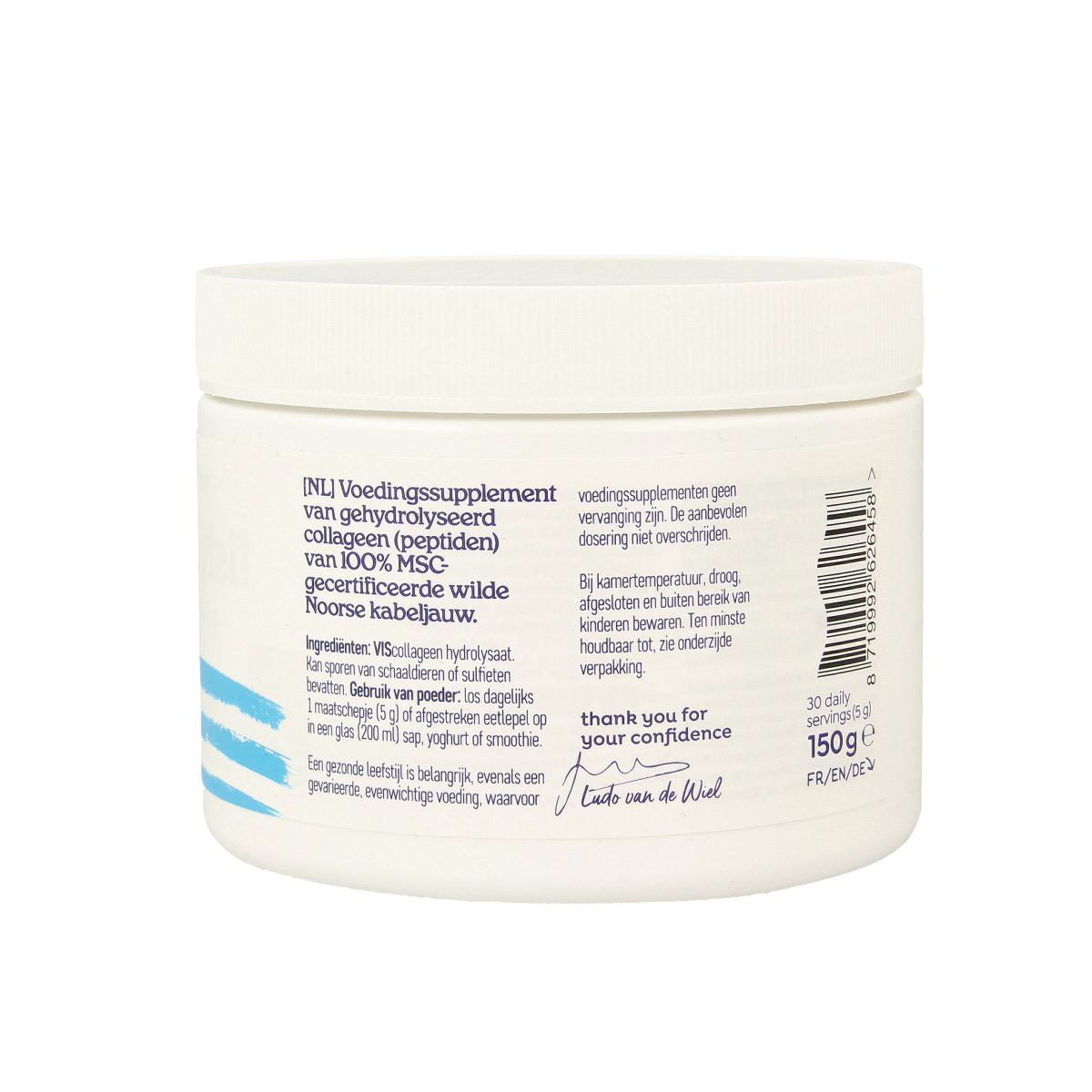 Arctic Blue Viscollageen Vetzuren powder in 150g container, natural collagen supplement with blue packaging and label.
