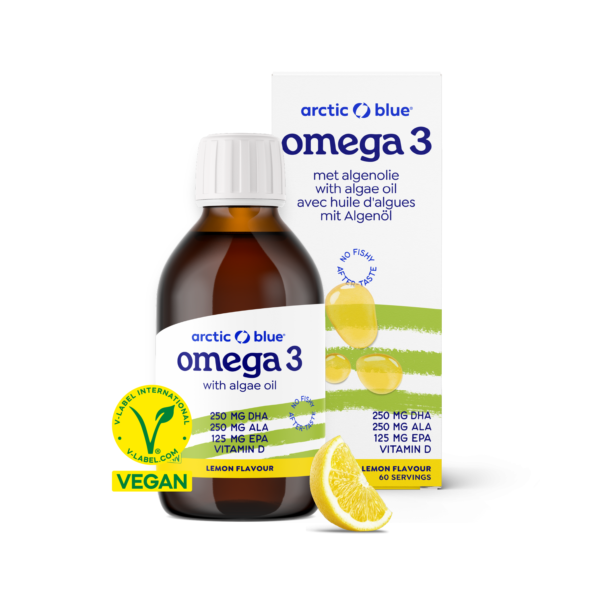 Arctic Blue hemp seed and algae oil bottle with label, showing DHA, EPA, ALA, and vitamin D, 150ml, in a clear plastic container.