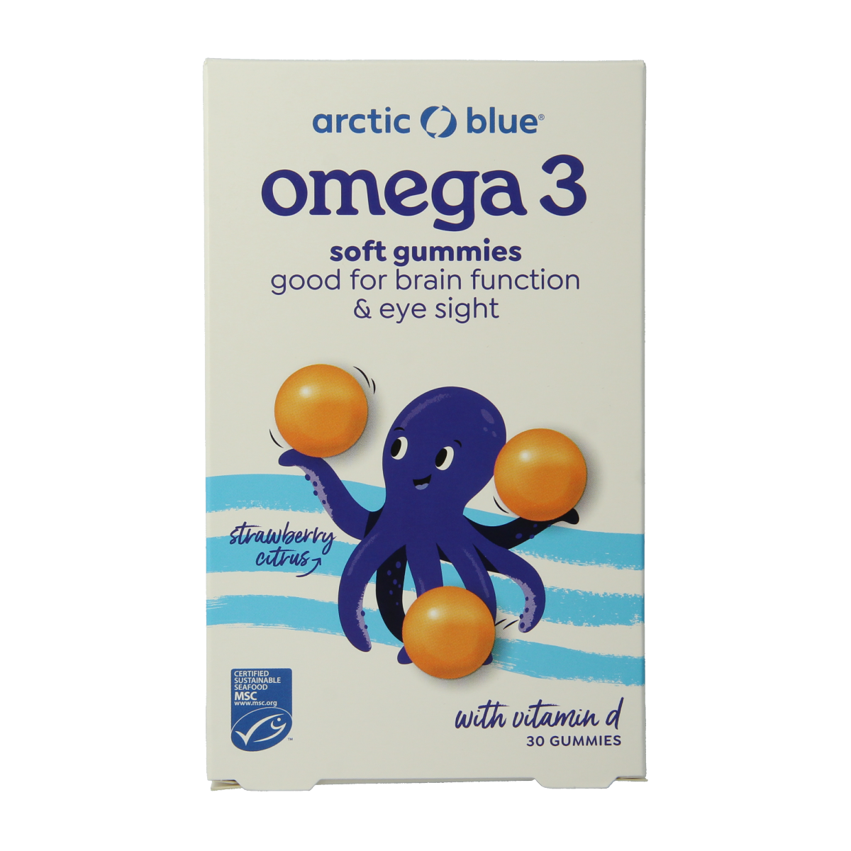 Arctic Blue Omega 3 gummy vitamins with DHA, EPA, and vitamin D, 30 gummies, showing the colorful, fruit-flavored soft chews.