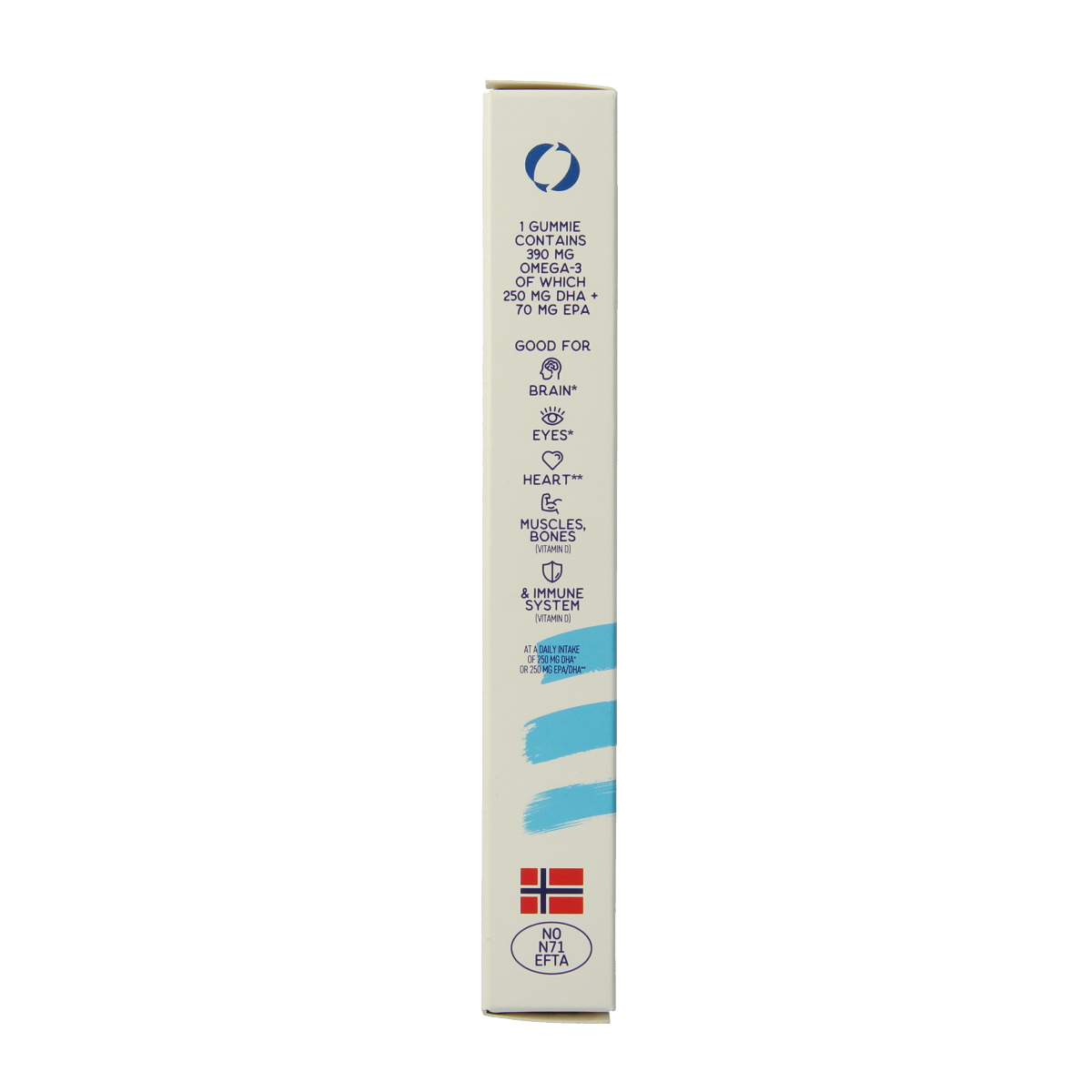 Arctic Blue Omega 3 gummy vitamins with DHA, EPA, and vitamin D in a clear bottle containing 30 gummies.