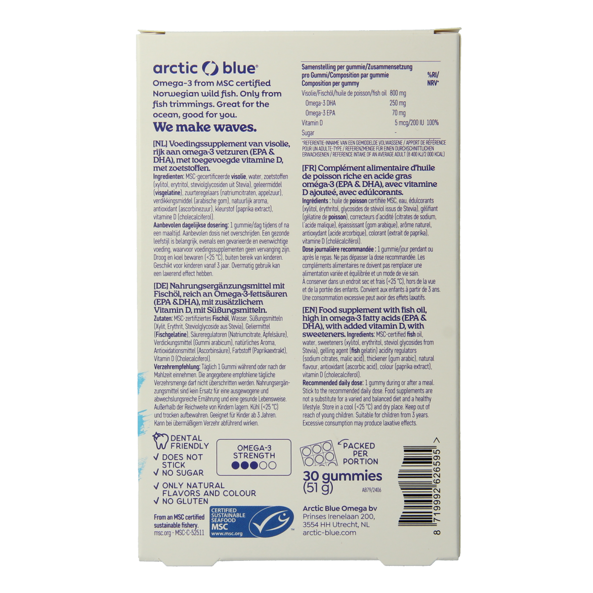 Arctic Blue Omega 3 gummy vitamins with DHA, EPA, and vitamin D, 30 gummies, Vetzuren supplement in blue packaging