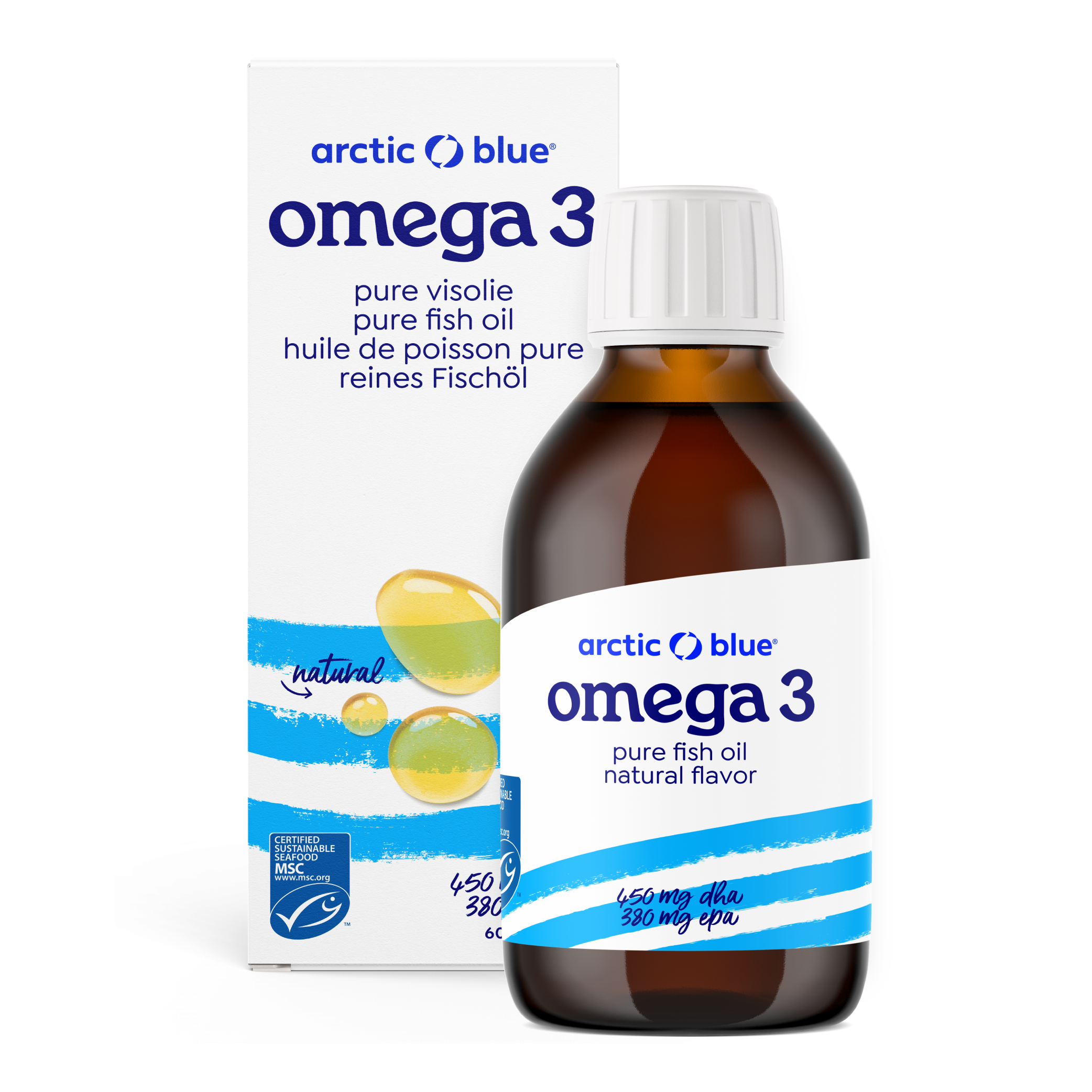 Arctic Blue Pure visolie bottle, 300ml, with a clear label and blue cap, showing the product's natural omega-3 fish oil content.