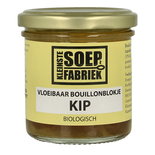 Kleinstesoepfabriek bio kip vloeibare bouillonblokjes in 150ml bottle, sauce and flavor enhancer for cooking.