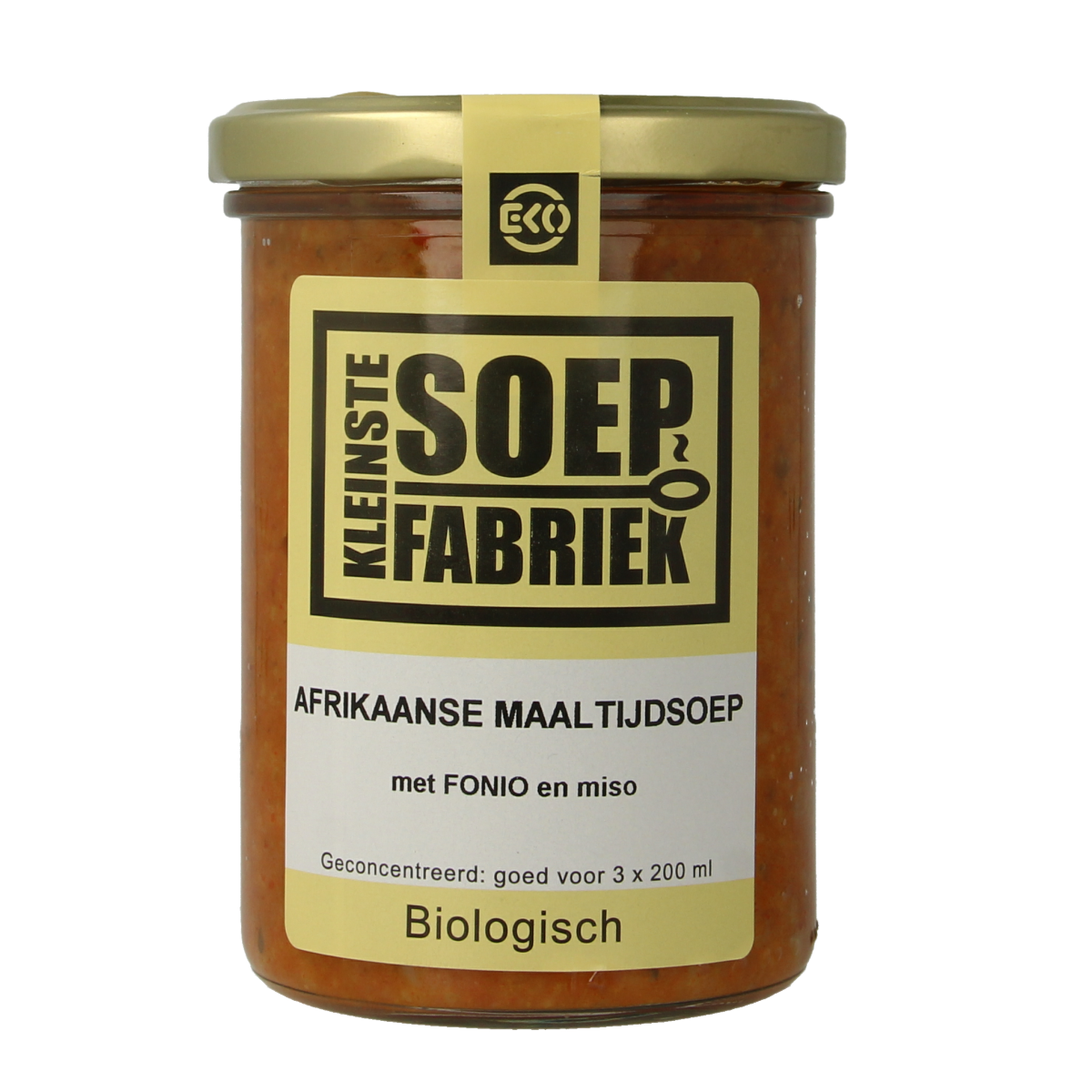 Kleinstesoepfabriek Afrikaanse maaltijdsoep with fonio and miso in a 400ml bowl, showcasing the colorful soup with ingredients.