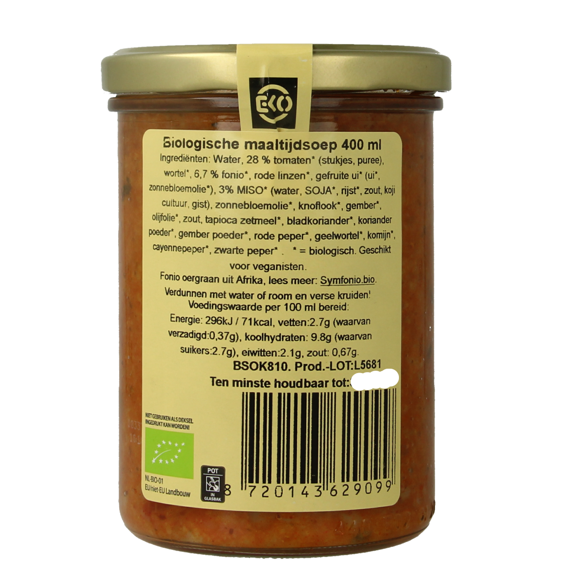 Kleinstesoepfabriek Afrikaanse maaltijdsoep with fonio and miso in a 400ml container, featuring a bowl of soup with ingredients.