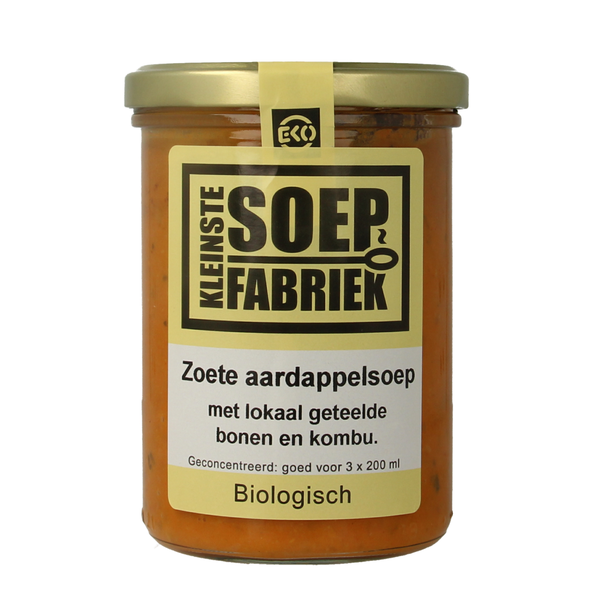 Kleinstesoepfabriek sweet potato soup with local beans and kombu, 400ml, shown in a bowl with fresh ingredients.