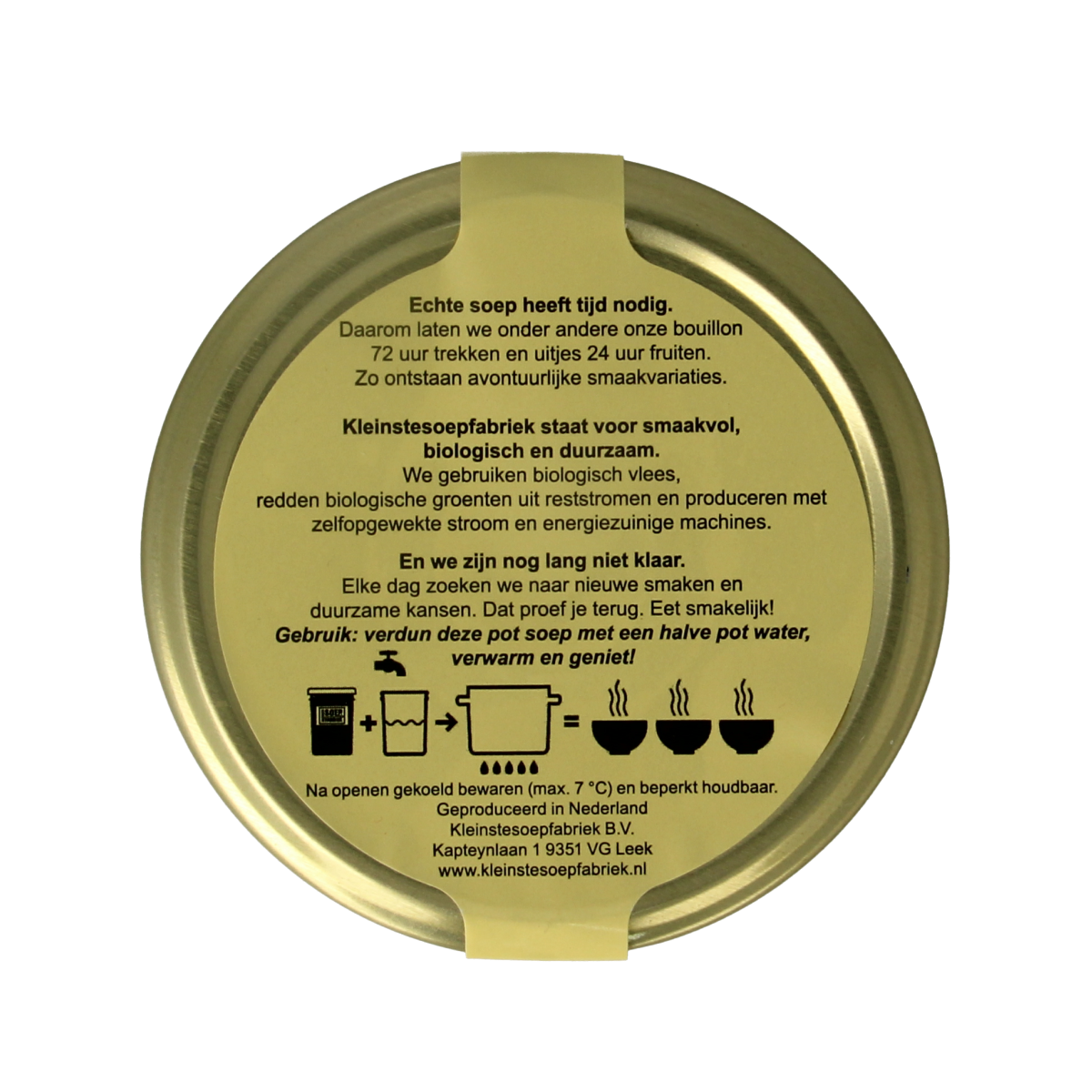 Kleinstesoepfabriek sweet potato soup with local beans and kombu in a 400ml container, showcasing the vibrant, hearty soup.