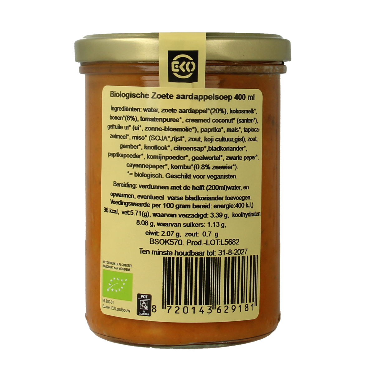 Kleinstesoepfabriek sweet potato soup with local beans and kombu in a 400ml bowl, showcasing the rich, vibrant soup texture and ingredients.