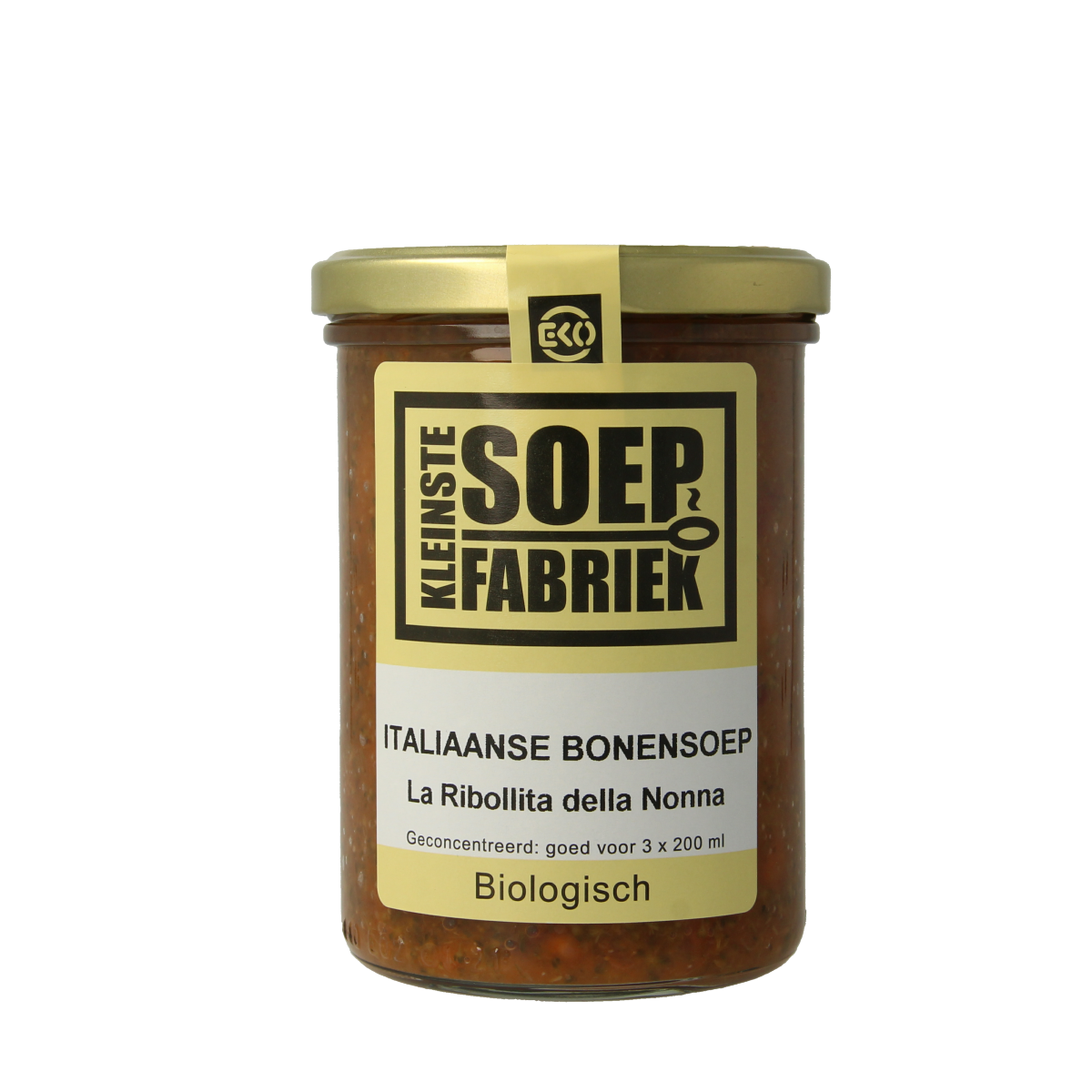 Kleinstesoepfabriek biologische Italiaanse bonensoep in 400ml bowl, featuring rich beans and herbs, ready to serve