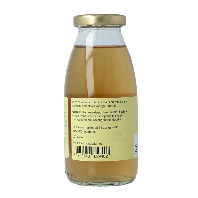 Kleinstesoepfabriek organic chicken drink bouillon in 245ml container, showing the product label and packaging.