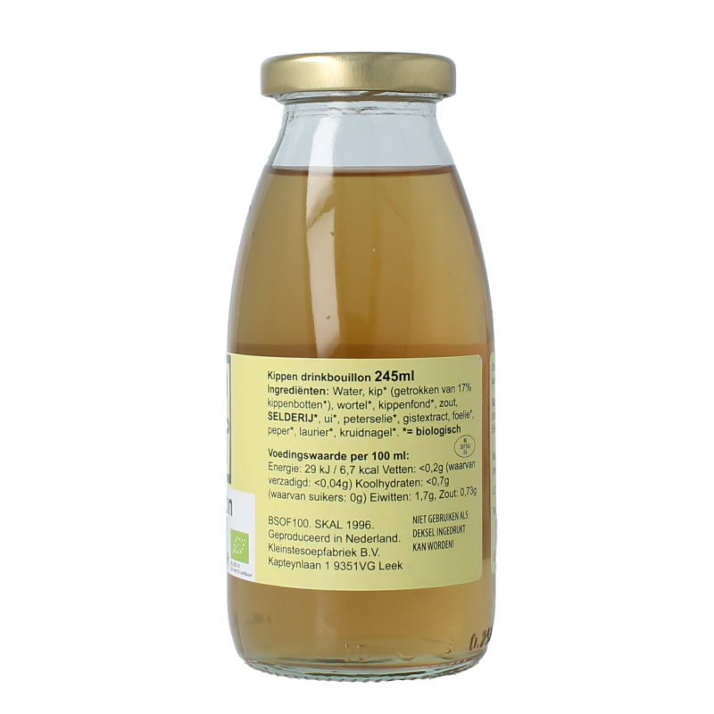 Kleinstesoepfabriek organic chicken drink bouillon in 245ml container, showing the soup and bouillon packaging.