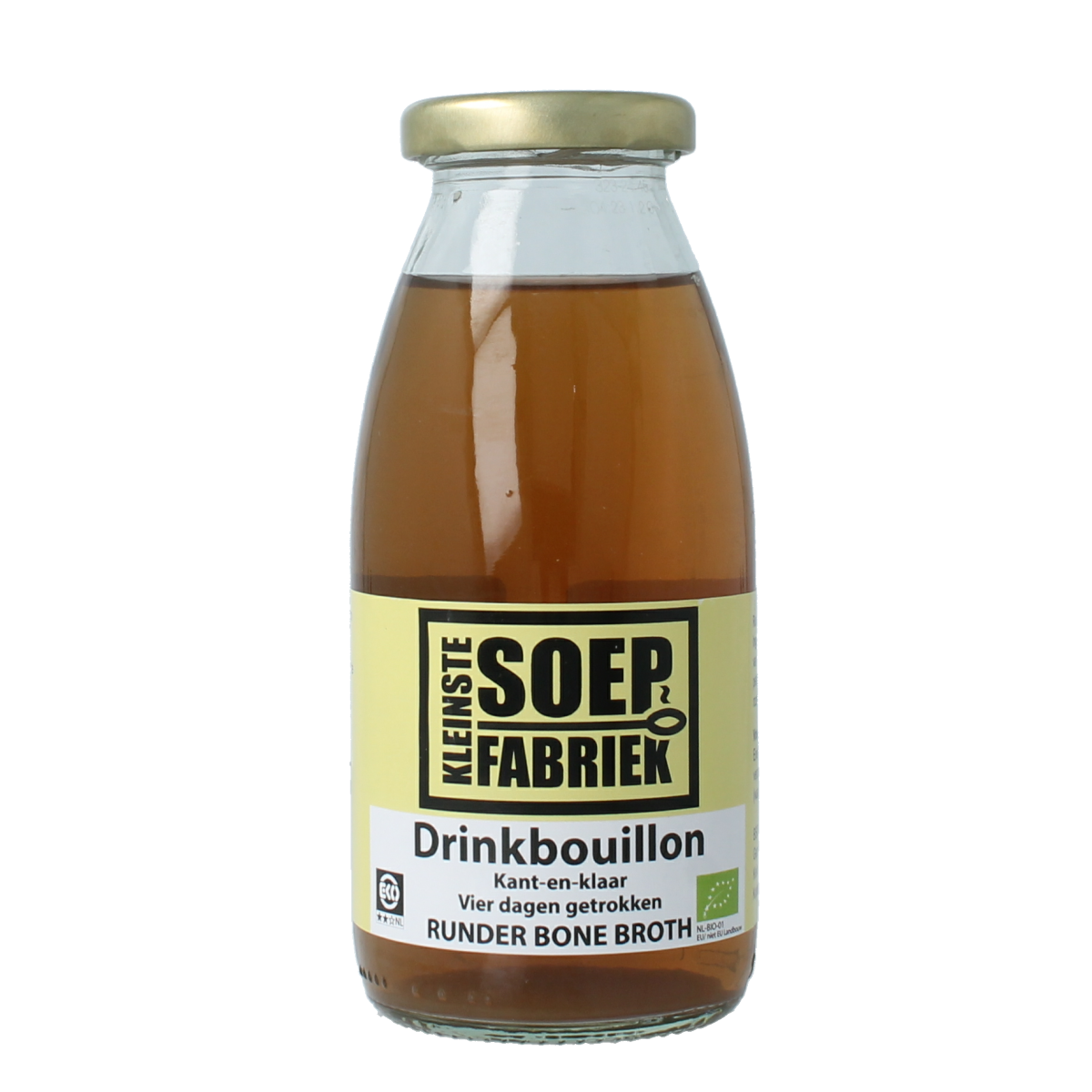Kleinstesoepfabriek organic beef drink bouillon in 245ml bottle, showcasing the product label and transparent container.