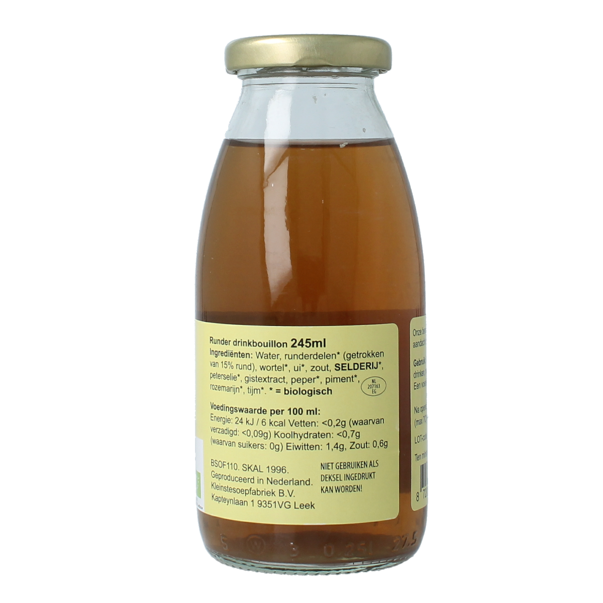 Kleinstesoepfabriek organic beef drink bouillon in 245ml bottle, showing the product label with branding and transparent packaging