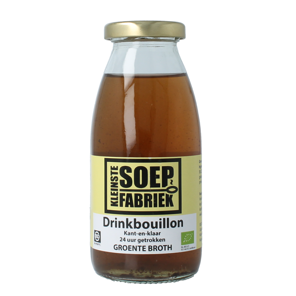 Kleinstesoepfabriek organic vegetable drink bouillon in 245ml container, featuring fresh vegetable ingredients and clear packaging.