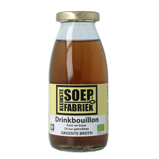 Kleinstesoepfabriek organic vegetable drink bouillon in 245ml container, featuring fresh vegetable ingredients and clear packaging.