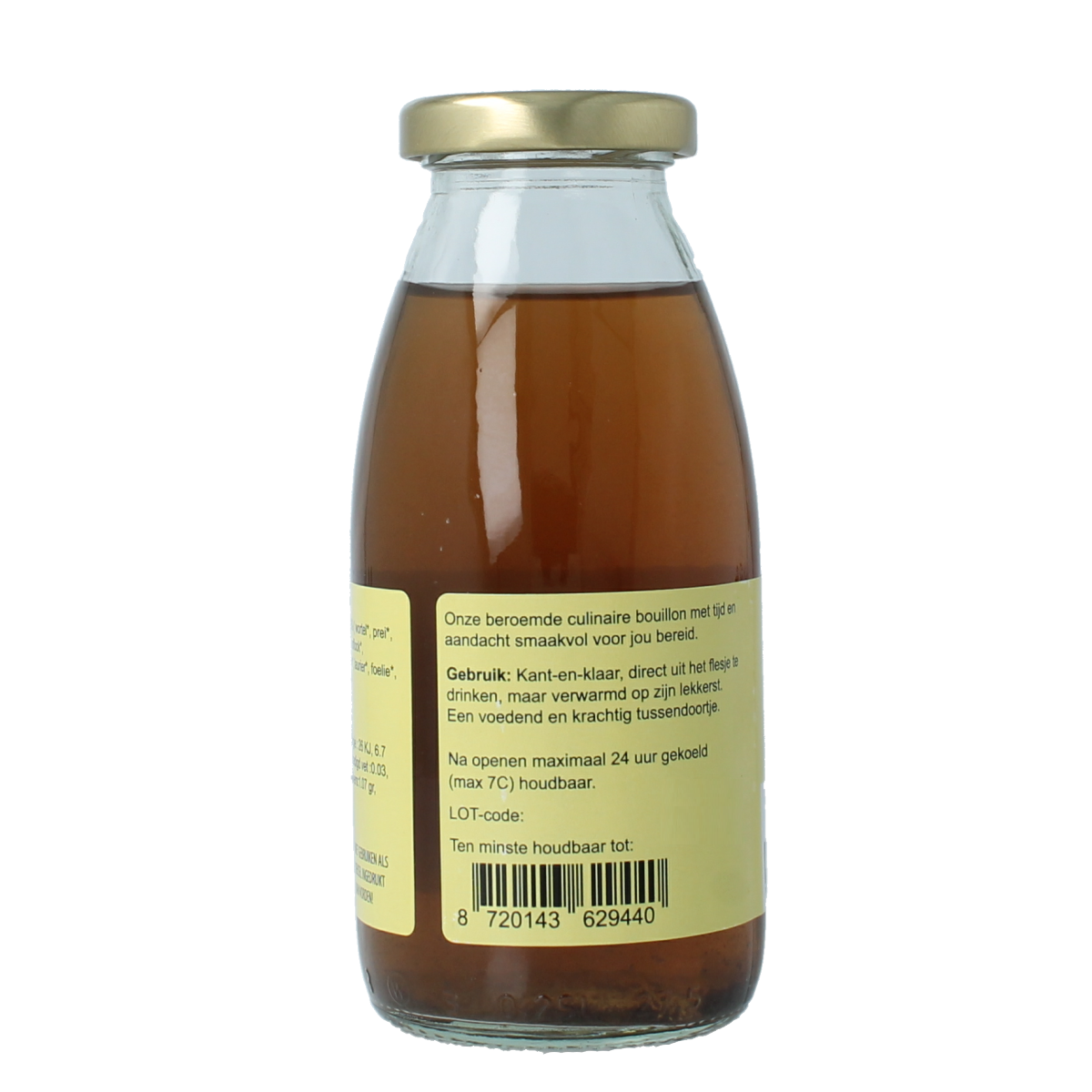 Kleinstesoepfabriek organic vegetable drink bouillon in 245ml bottle, showing the label and transparent container.