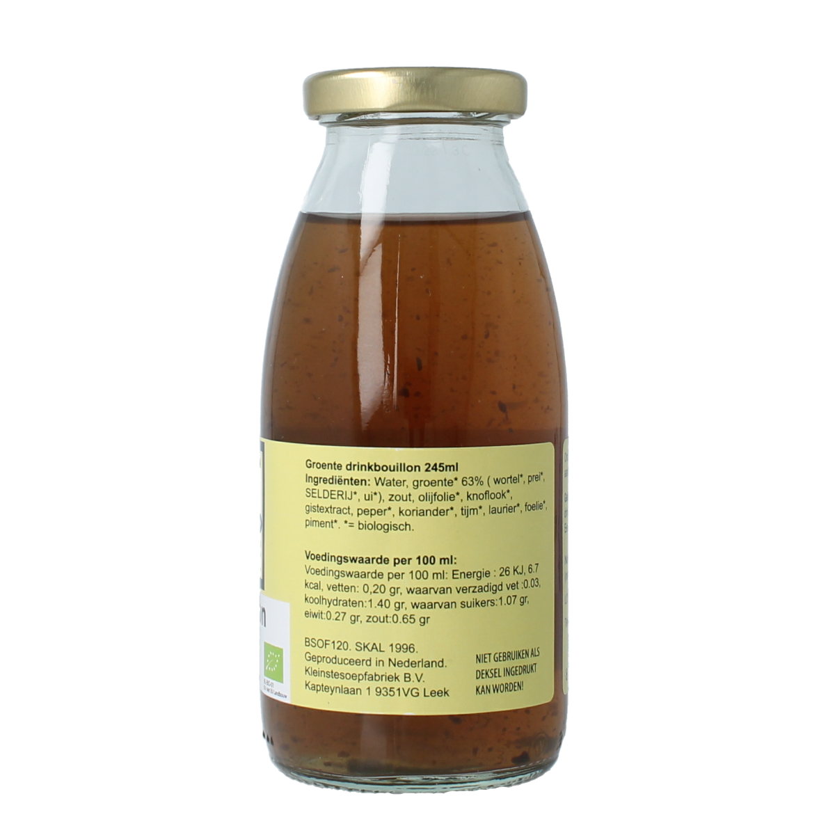 Kleinstesoepfabriek bio groente drinkbouillon in 245ml container, showcasing the packaging and label.