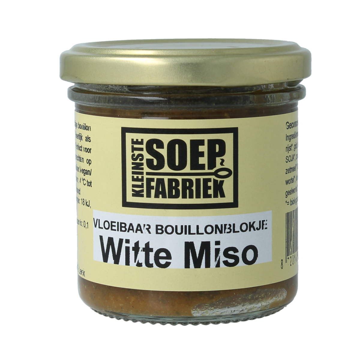 Kleinstesoepfabriek vloeibaar witte miso bouillonblokje in 150ml container, used for soups and broths.