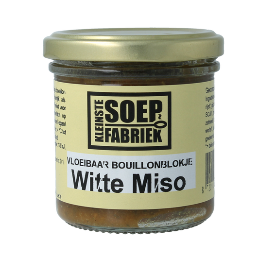 Kleinstesoepfabriek vloeibaar witte miso bouillonblokje in 150ml container, used for soups and broths.