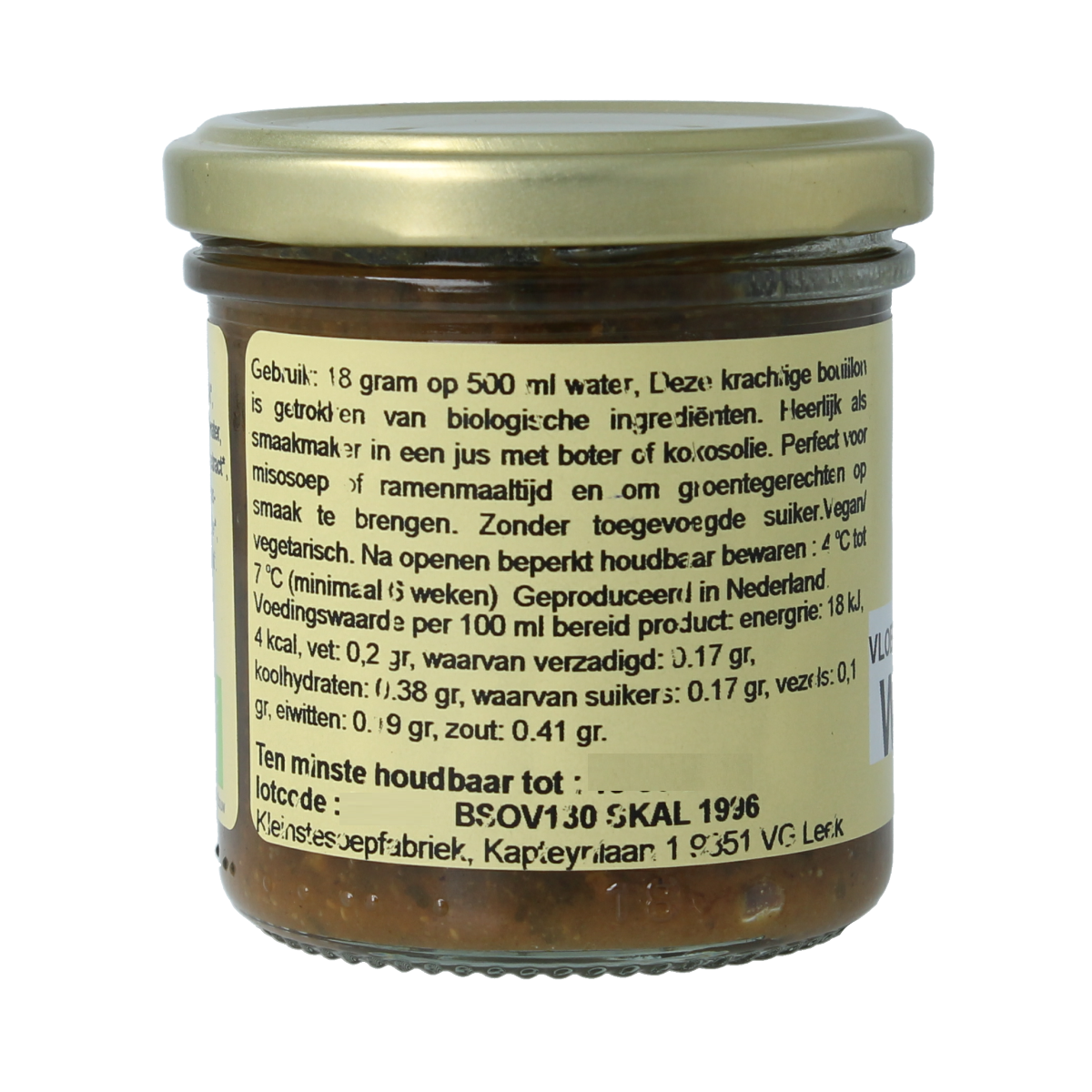 Kleinstesoepfabriek liquid white miso broth in a 150ml bottle, ideal for soups and bouillons, with label and transparent bottle visible.
