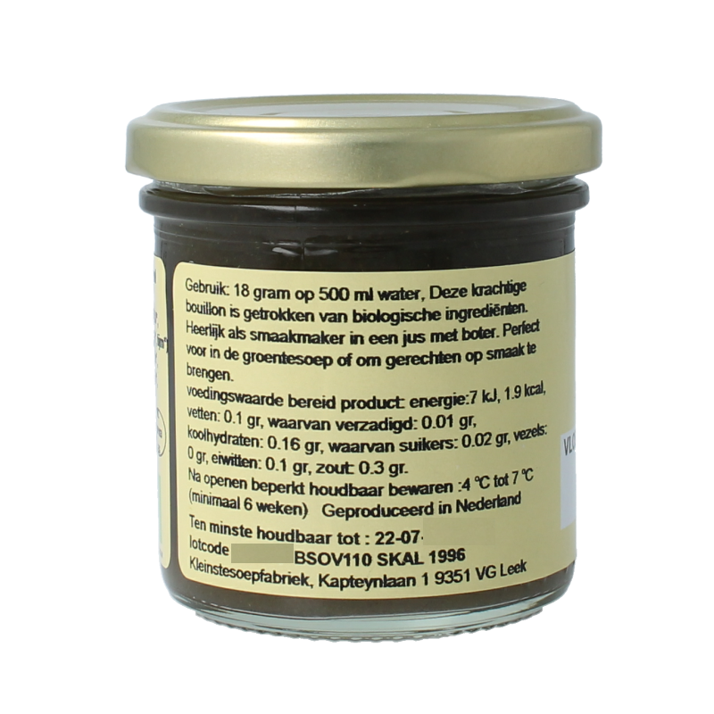 Kleinstesoepfabriek organic beef liquid bouillon cube in a 150ml container, used for flavorful soups and broths.