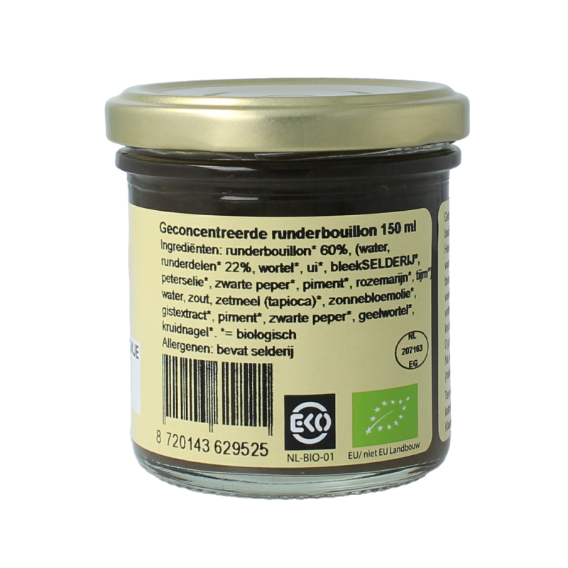 Kleinstesoepfabriek organic liquid beef bouillon cube in a 150ml bottle, used for making flavorful soups and broths.