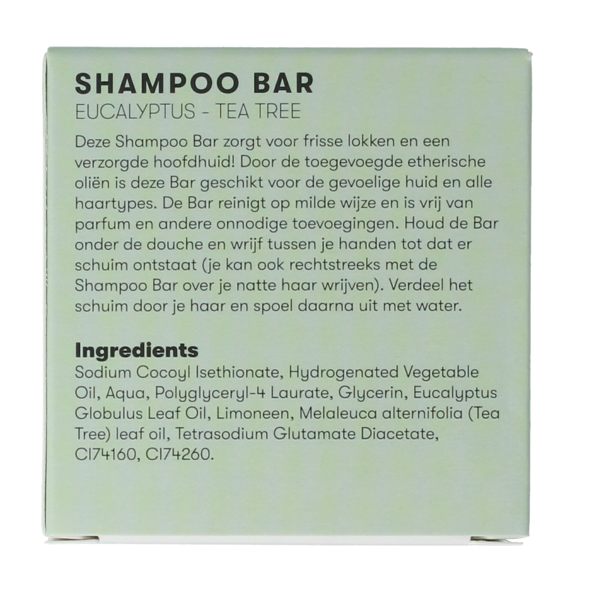 Shampoobars eucalyptus and tea tree shampoo bar in 60g, natural hair care product with green and brown packaging.