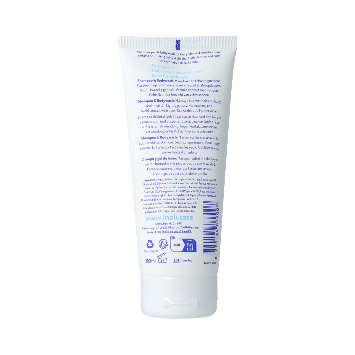 Inoli vegan shampoo and hair care cream bottle, 200ml, with clean label and pump dispenser, showcasing natural hair care product.