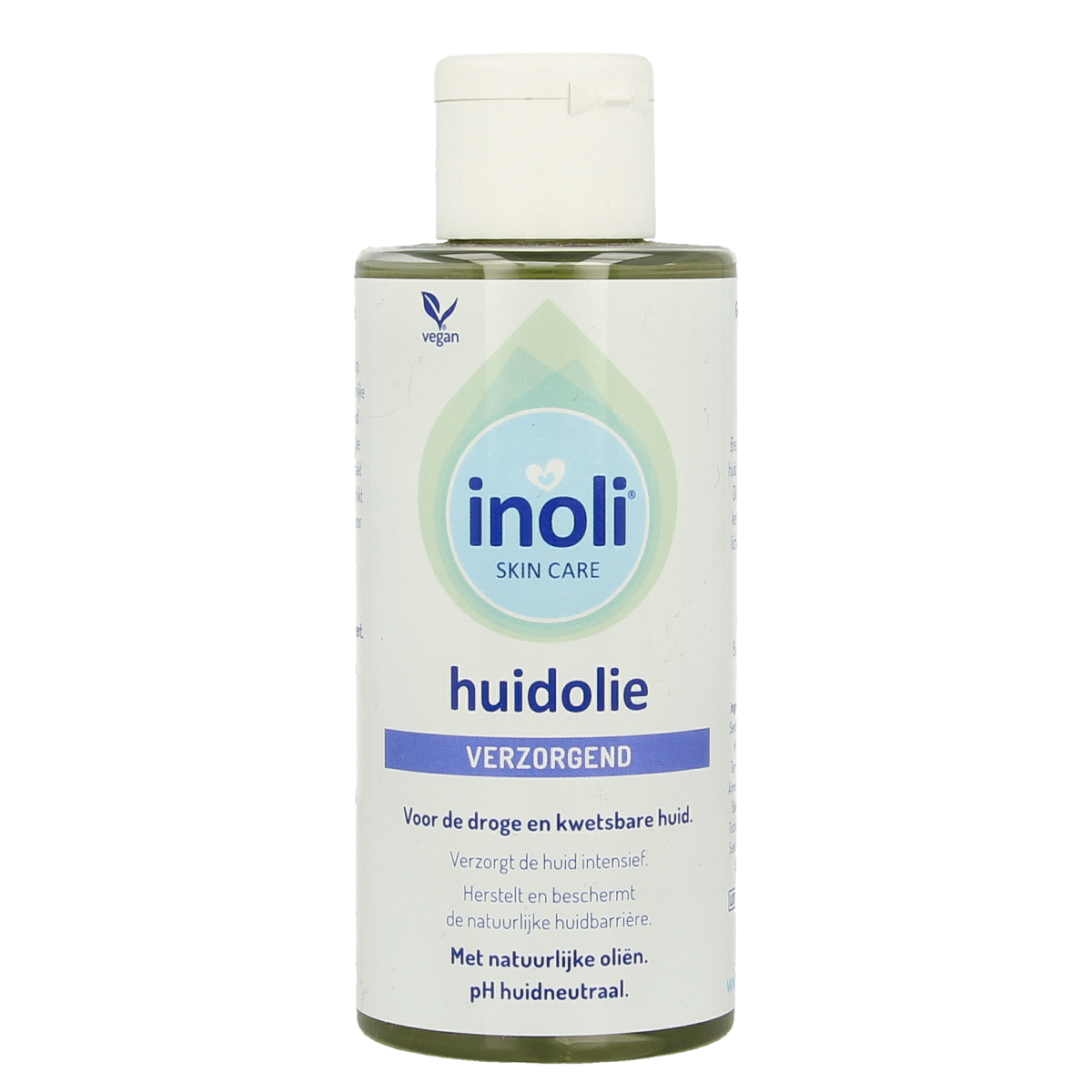 Inoli huidolie 150ml in a clear bottle, natural body care product with a dropper for moisturizing and nourishing skin.